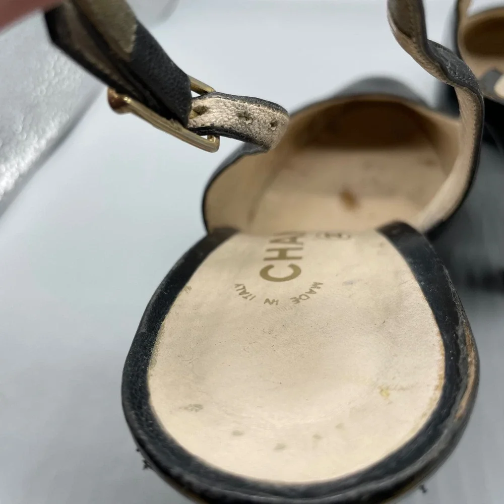 Vintage Chanel Black Leather Patent Cap Toe Slingback Pumps Heels Italy Sz 40/10